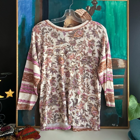 Tribal Jeans Chic Striped V-Neck Blouse in Cream, Brown, and Pink Small - Picture 9 of 16